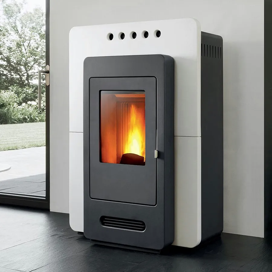 A lit pellet stove