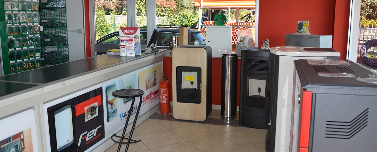 Inside the shop, with stoves on display